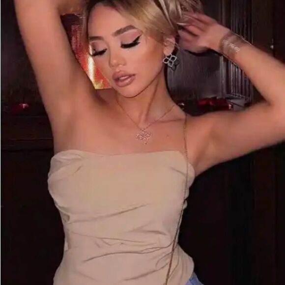 Zara Straight Neck Side Pleated Sleeveless Top Tan XL NWT - Picture 4 of 9